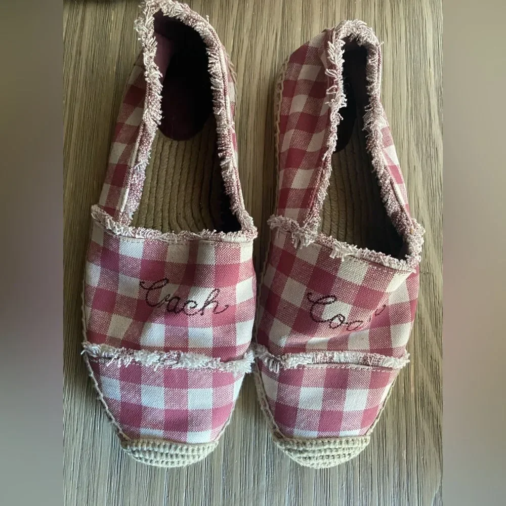 Coach Womens Sz 8.5  Celina Espadrilles Gingham plaid slip Pink Beige Original